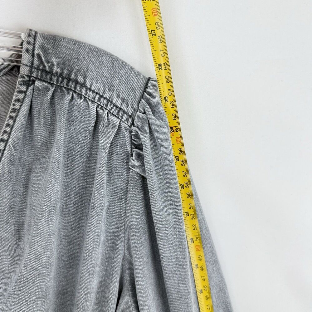 GAP Women’s Gray Denim Blouse V-Neck Smocked Waist Puff Long Sleeve Size L - Picture 15 of 16